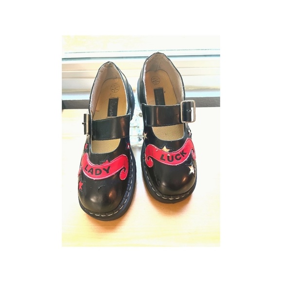 y2k TUK Anarchic Mary Janes Lady Luck Black Red Creep  Dated 2002 on Soles - Picture 1 of 3